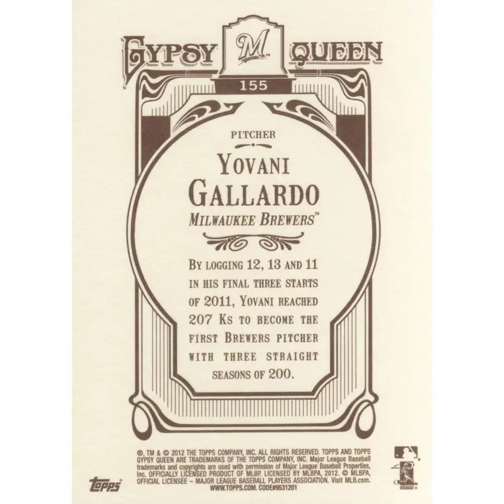 2012 Topps Gypsy Queen Yovani Gallardo # 155 Milwaukee Brewers